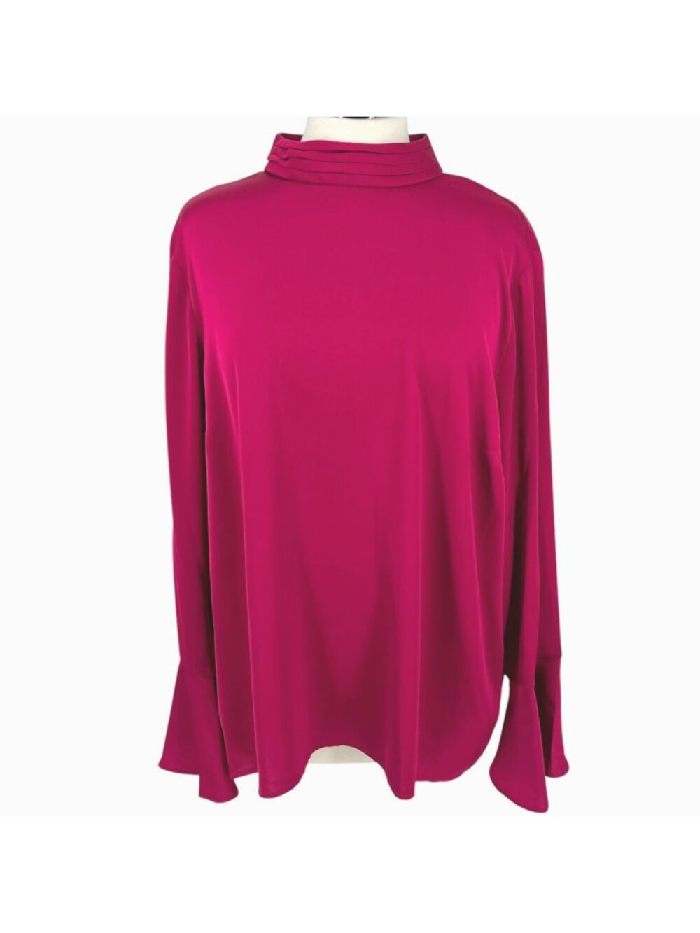 Halogen High Neck Flared Cuff Satin Blouse Fuschia Pink Size Large NWOT